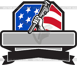 Plumber Hand Holding Pipe Wrench USA Flag Crest - vector image