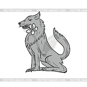 Timber Wolf Сидящий Plumeria Цветок рисования - клипарт в векторе