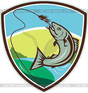 Trout Biting Hook Lure Shield Retro - vector clip art