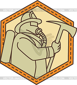 Fireman Holding Fire Axe Shield Mono Line - vector clipart