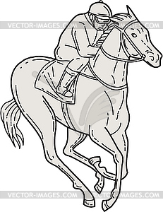 Jockey Riding Thoroughbred Horse Mono Line - vector clipart