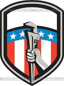 Plumber Hand Pipe Wrench USA Flag Shield Retro - vector image