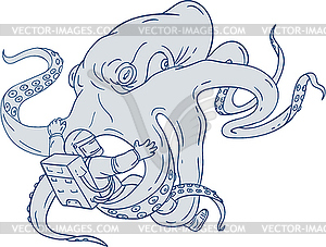 Giant Octopus Fighting Astronaut Drawing - vector clipart / vector image