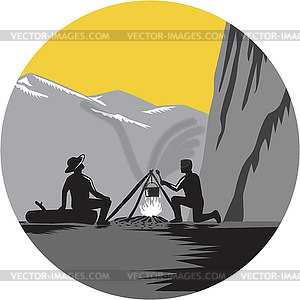 Campers Sitting Cooking Campfire Circle Woodcut - vector EPS clipart