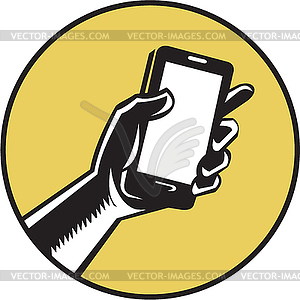 Hand Holding Smartphone Circle Woodcut - vector image