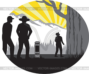 Trampers Mile Marker Giant Tree Oval Woodcut - vector EPS clipart