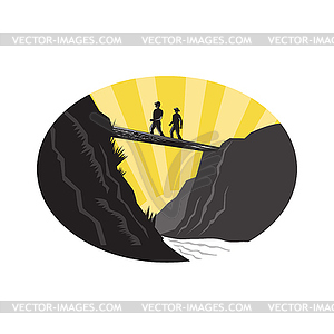 Trampers Log Bridge Ravine River Oval Woodcut - vector image