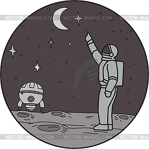 Astronaut Pointing Stars Moon Shuttle Mono Line - vector clipart