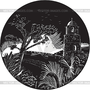 Belfry Tower On Hill Trees Circle Woodcut - vector image