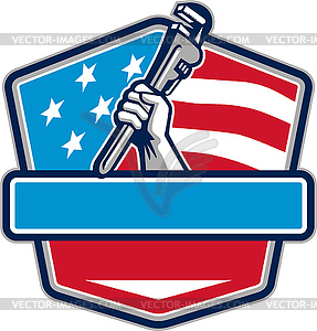 Plumber Hand Pipe Wrench USA Flag Shield Retro - vector image