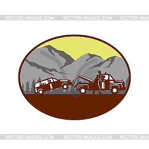 Car being towed Away Mountains Oval Woodcut - vector image