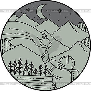 Astronaut Touching Brontosaurus Circle Mono Line - vector image