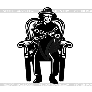 Man Gagged Chained to Grand Arm Chair Woodcut - vector image