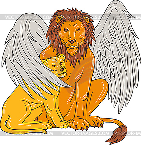 Winged Lion With Cub Under Its Wing Drawing - vector image