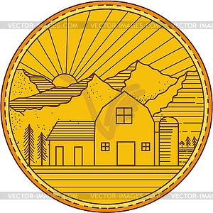 American Farm Barn House Mountain Circle Mono Line - vector clipart