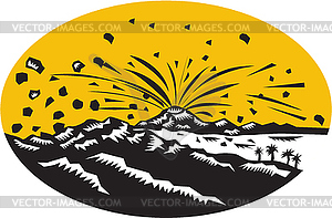 Volcanic Eruption Island Formation Oval Woodcut - vector image