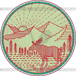 Moose River Mountains Sun Circle Mono line - vector clipart