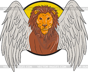 Winged Lion Head Circle Drawing - vector image