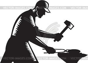 Blacksmith Worker Forging Iron Black and White - vector image