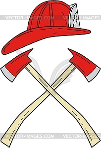 Fireman Helmet Crossed Fire Axe Drawing - vector image