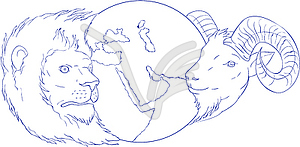 Lion Ram Globe Middle East Drawing - vector image