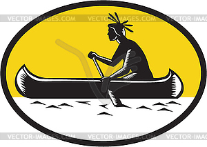 Американский индеец Paddling Canoe Woodcut - векторный клипарт EPS