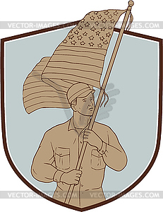 American Soldier Waving USA Flag Crest Drawing - stock vector clipart
