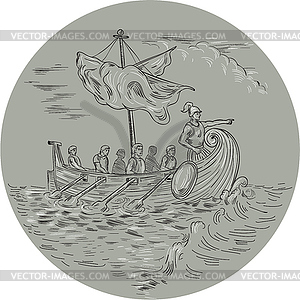 Ancient Greek Trireme Warship Circle Drawing - vector clip art