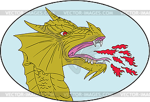 Dragon Head Breathing Fire Oval Drawing - vector EPS clipart