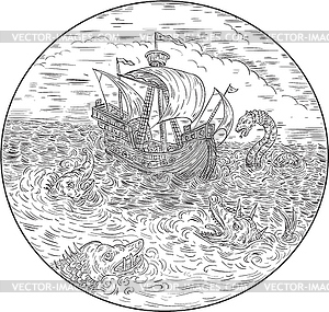 Tall Ship бурном море Змеи Черное и белое - рисунок в векторном формате