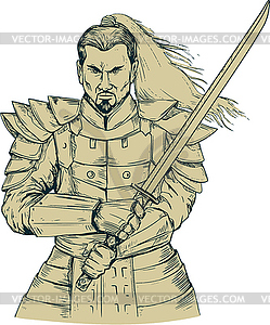 Samurai Warrior Swordfight Stance Drawing - vector image