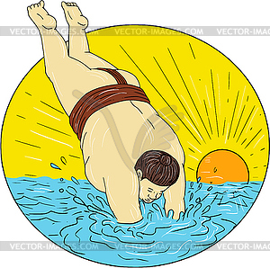 Japanese Sumo Wrestler Diving Sea Sunset Circle - vector image