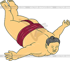 Japanese Sumo Wrestler Skydiving Drawing - vector image