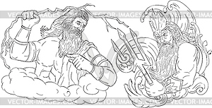 Zeus Vs Poseidon Black and White Drawing - vector clipart