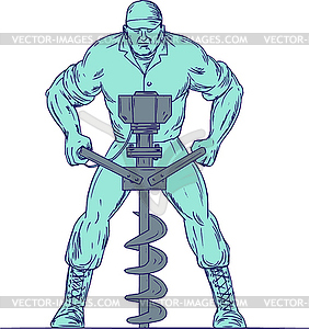 Construction Worker Earth Auger Boring Hole Drawing - vector clip art