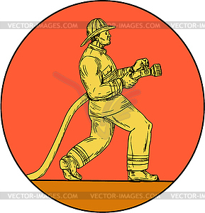 Fireman Firefighter Holding Fire Hose Circle Drawing - vector image