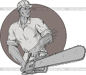 Lumberjack Arborist Holding Chainsaw Oval Drawing - vector clipart