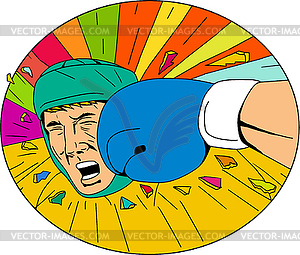 Amateur Boxer Hit By Glove Punch Oval Drawing - vector image