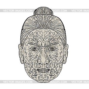 Лицо маори с лицевой татуировкой Moko - векторный эскиз