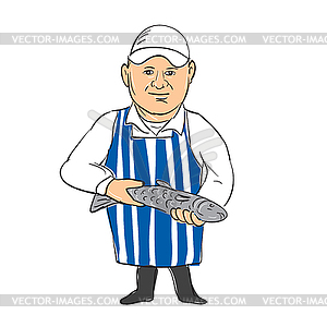 Fishmonger Selling Fish Drawing - color vector clipart