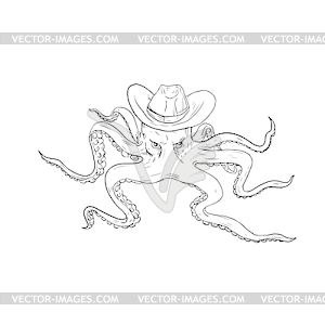 Octopus Wearing Cowboy Hat Drawing - vector clipart