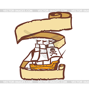 Pirate Ship Sailing Scroll Retro - vector image