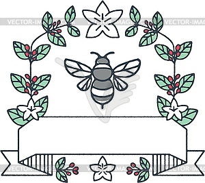 Bumblebee Coffee Leaves Cherries Flower Mono Line - vector clipart