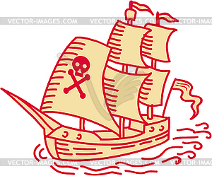 Pirate Sailing Ship Galleon Mono Line - vector image