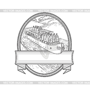 Gin Bottles on Barge River Oval Line Drawing - vector clipart