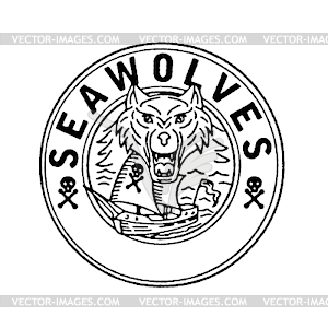 Sea Wolf Pirate Sailing Ship Circle Line Drawing - vector clip art