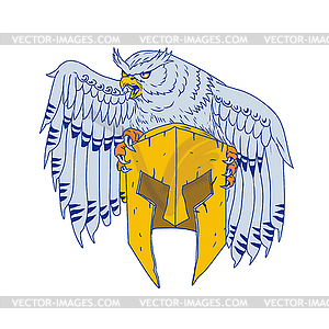 Horned Owl Clutching Spartan Helmet Drawing - vector image