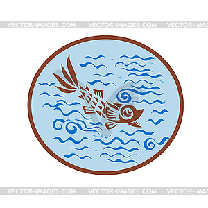 Средневековая рыба Плавание Овальный ретро - изображение векторного клипарта