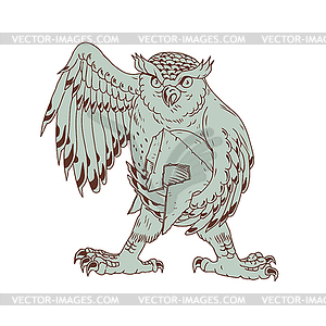 Owl Holding Spartan Helmet Drawing - vector image