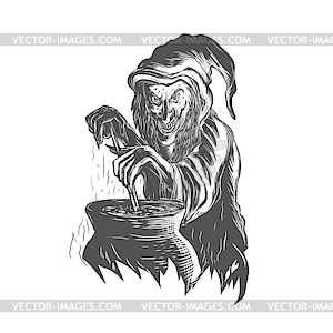 Witch Stirring Brew Pot Scratchboard - vector clipart